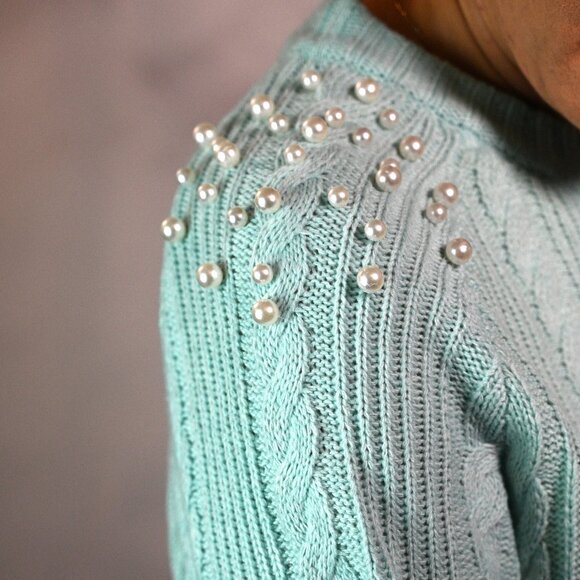 Pink and Mint Sweater with Faux Pearl Embellishment - Picture 3 of 5